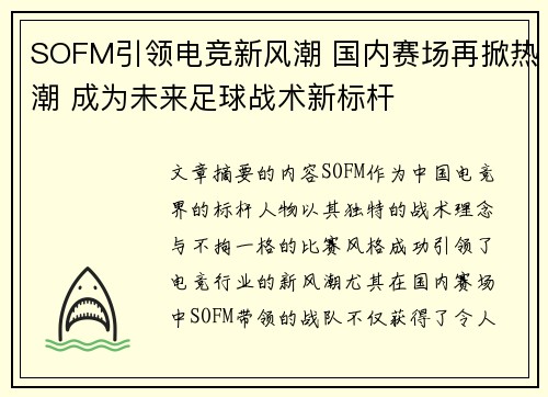 SOFM引领电竞新风潮 国内赛场再掀热潮 成为未来足球战术新标杆