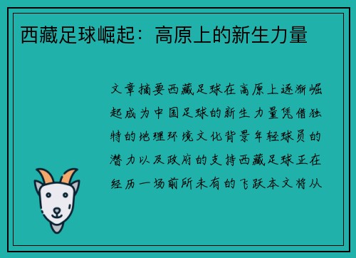 西藏足球崛起：高原上的新生力量