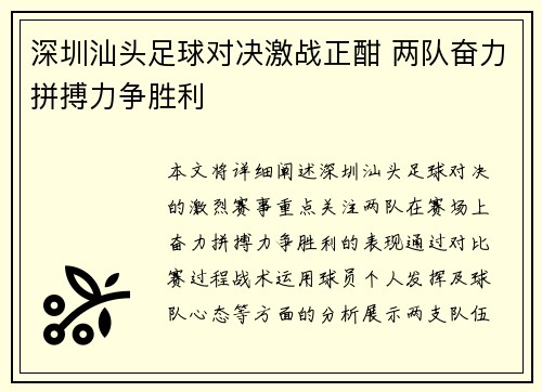 深圳汕头足球对决激战正酣 两队奋力拼搏力争胜利
