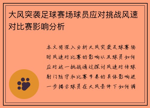 大风突袭足球赛场球员应对挑战风速对比赛影响分析
