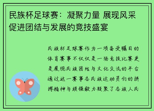 民族杯足球赛：凝聚力量 展现风采 促进团结与发展的竞技盛宴