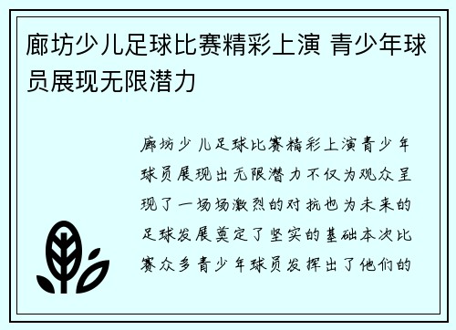 廊坊少儿足球比赛精彩上演 青少年球员展现无限潜力