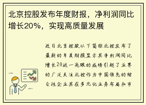 北京控股发布年度财报，净利润同比增长20%，实现高质量发展