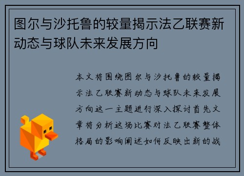 图尔与沙托鲁的较量揭示法乙联赛新动态与球队未来发展方向