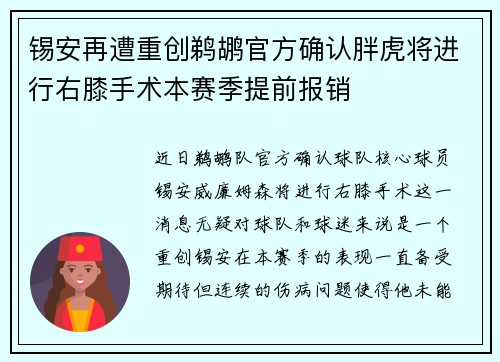 锡安再遭重创鹈鹕官方确认胖虎将进行右膝手术本赛季提前报销