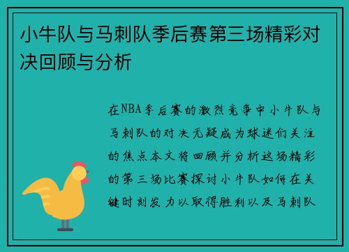 小牛队与马刺队季后赛第三场精彩对决回顾与分析