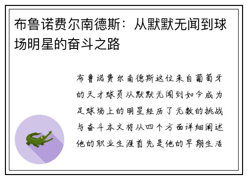 布鲁诺费尔南德斯：从默默无闻到球场明星的奋斗之路