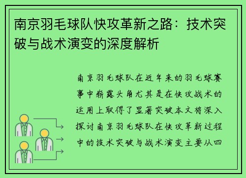 南京羽毛球队快攻革新之路：技术突破与战术演变的深度解析