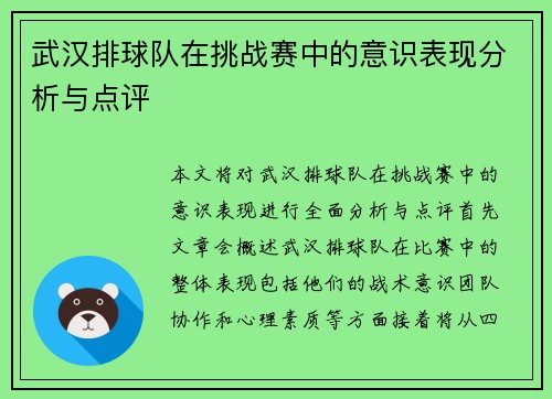 武汉排球队在挑战赛中的意识表现分析与点评