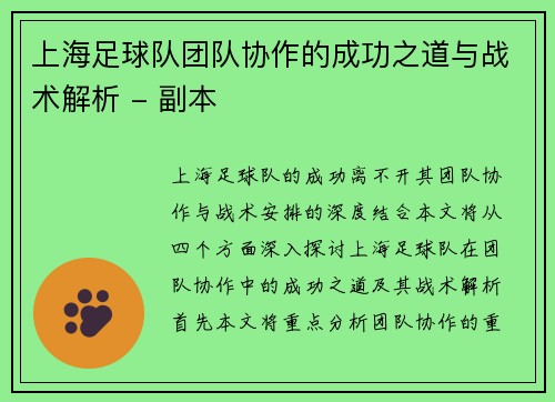 上海足球队团队协作的成功之道与战术解析 - 副本